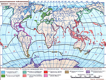 Карта 2. Зоогеографическое районирование мирового океана (до глубины 400м)