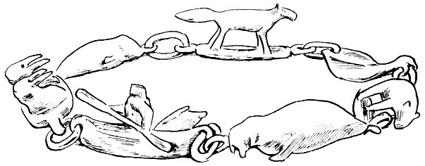Резная цепочка из кости. Уэлен, 19 век. Слева звено с головками моржей