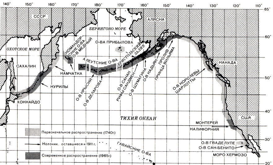 Эволюция распространения колоний с 1740 по 1965 г. (Две колонии, оставшиеся к 1911 г. на островах Королевы Шарлотты и острове Сан-Бенито, были истреблены к 1920 г.) (По: Karl W. Kenyon, 1969.)