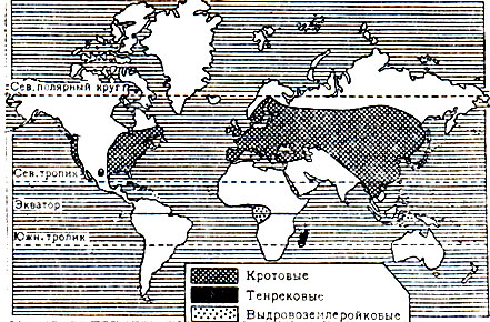 Карта 3. Распространение кротовых, тенрековых и выдровоземлеройковых