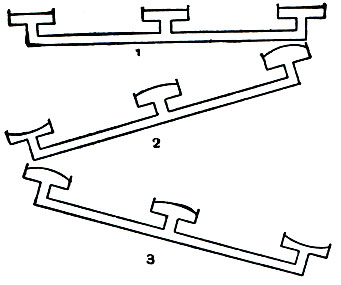 Рис. 121. Схема строения органа равновесия у водяного скорпиона (Nepa cinerea): 1 - при горизонтальном положении; 2, 3 - при наклоне налево и направо